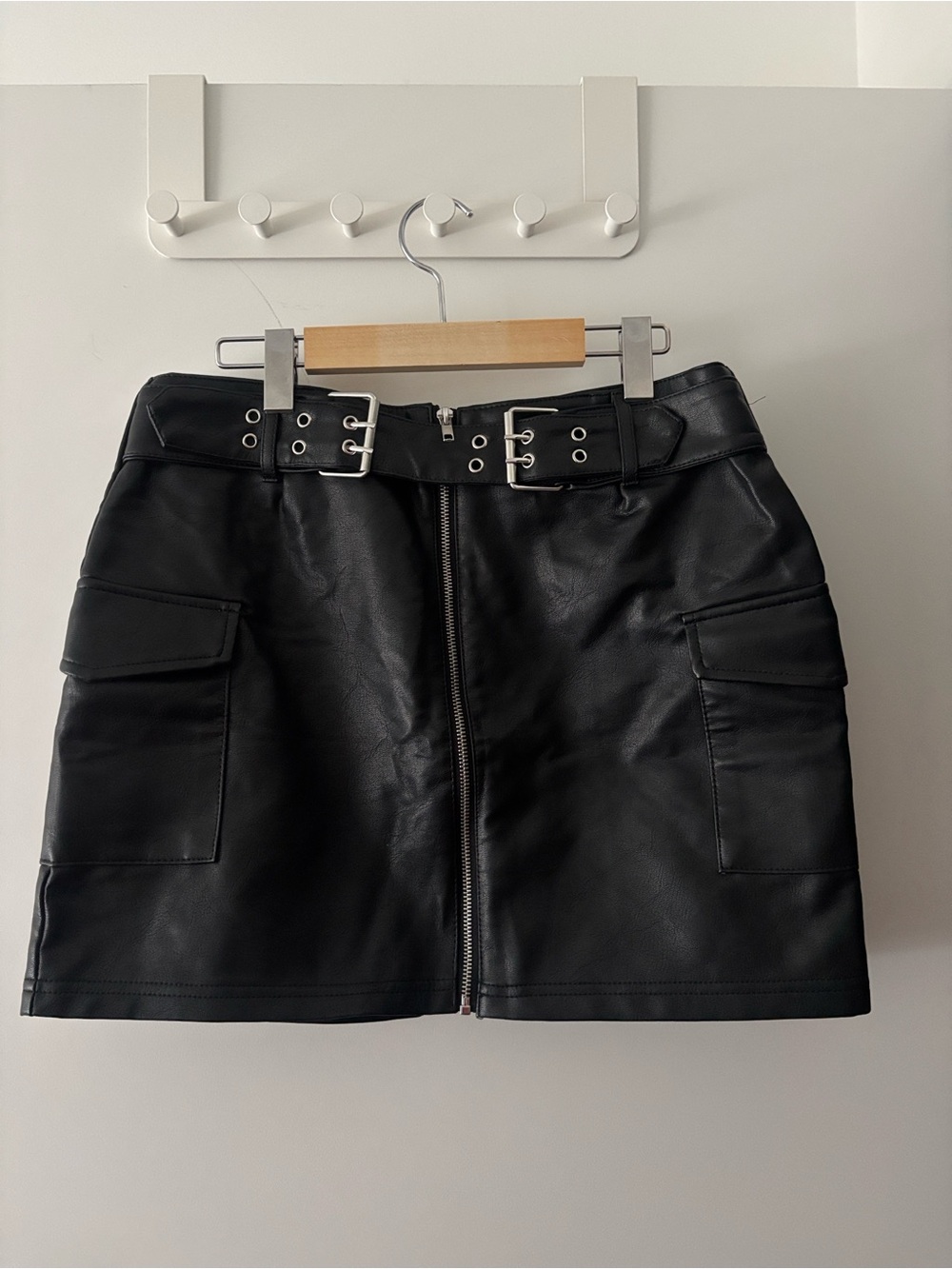 Black Faux Leather Belted Mini Skirt